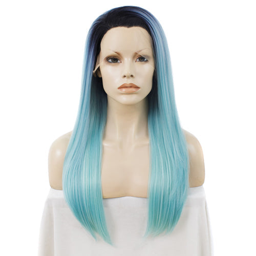 Premium Wig - Rooted Baby Blue Long Side Sweep Straight Lace Front Wig-Lace Front Wig-UNIQSO EU